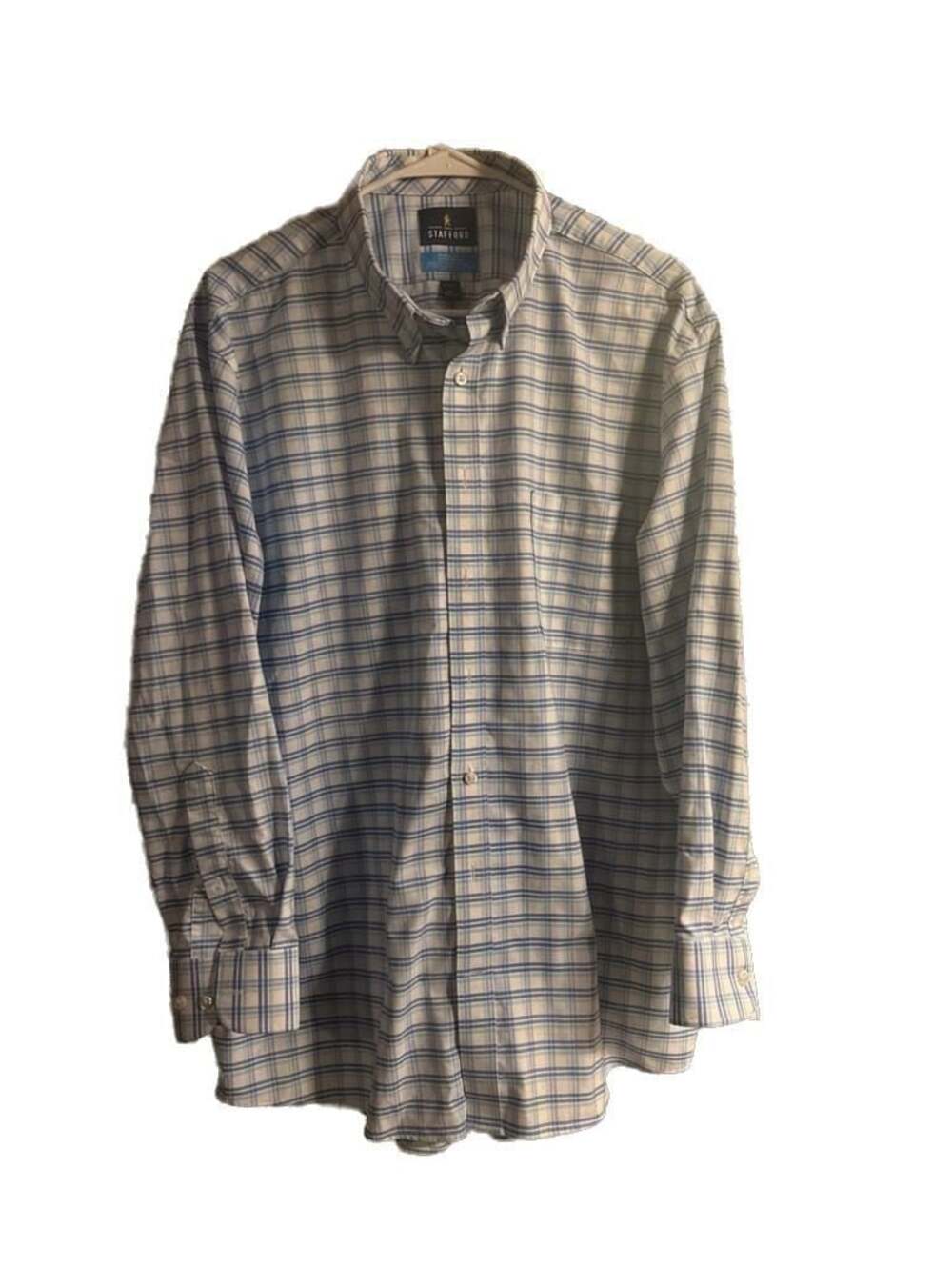 Stafford Travel Coolmax Mens XL Blue White Plaid Button Down Dress Shirt